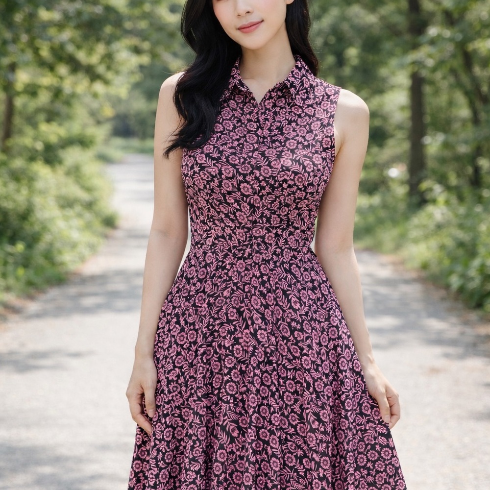 Nanette Lepore Pink and Black Floral Midi Dress